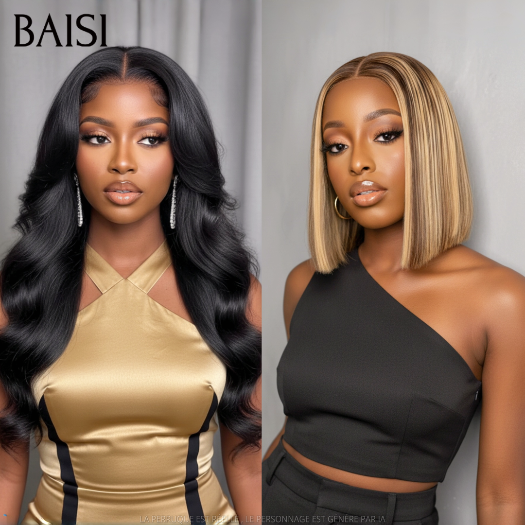 BAISI Lot de 2 perruques Body Wave Longue+Bob Lisse miel ou 2 Bob Curly noir et Marron en 100% Cheveux Humains