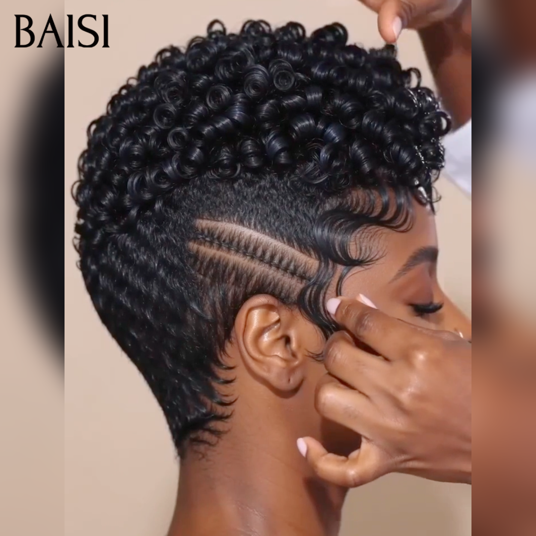 BAISI 13X4 Lace Peruca Pixie Cacheada Pré-Estilizada em Preto 1B# Resistente ao Calor e Elegante em 100% Cabelo Humano