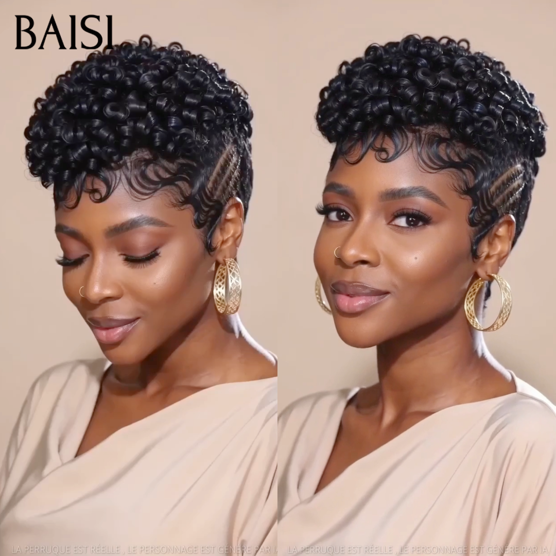 BAISI 13X4 Lace Peruca Pixie Cacheada Pré-Estilizada em Preto 1B# Resistente ao Calor e Elegante em 100% Cabelo Humano
