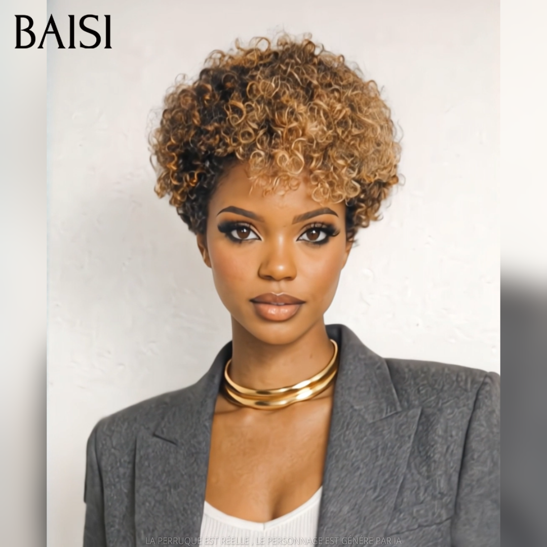 BAISI Peruca Pixie 68€ sem Cola, onda encaracolada, na cor mista Mel em 100% Cabelo Humano C