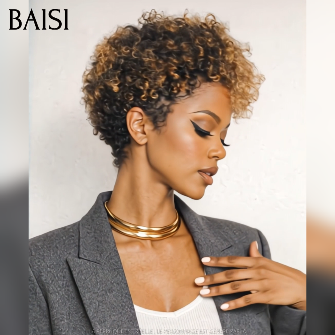 BAISI Peruca Pixie 68€ sem Cola, onda encaracolada, na cor mista Mel em 100% Cabelo Humano C