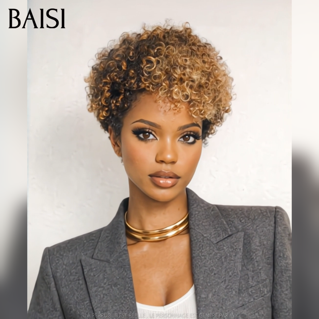 BAISI Peruca Pixie 68€ sem Cola, onda encaracolada, na cor mista Mel em 100% Cabelo Humano C