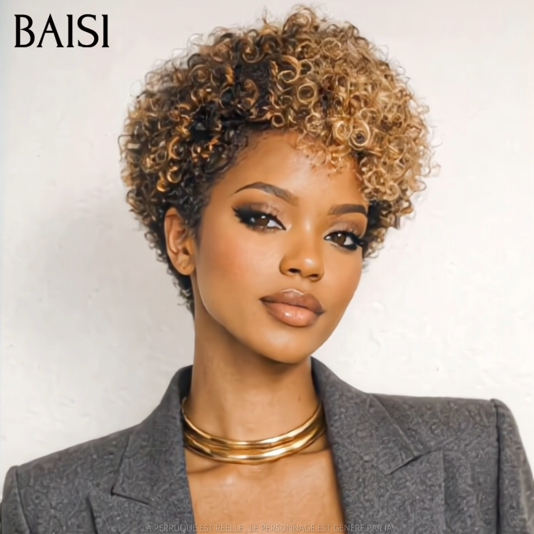 BAISI Peruca Pixie 68€ sem Cola, onda encaracolada, na cor mista Mel em 100% Cabelo Humano C