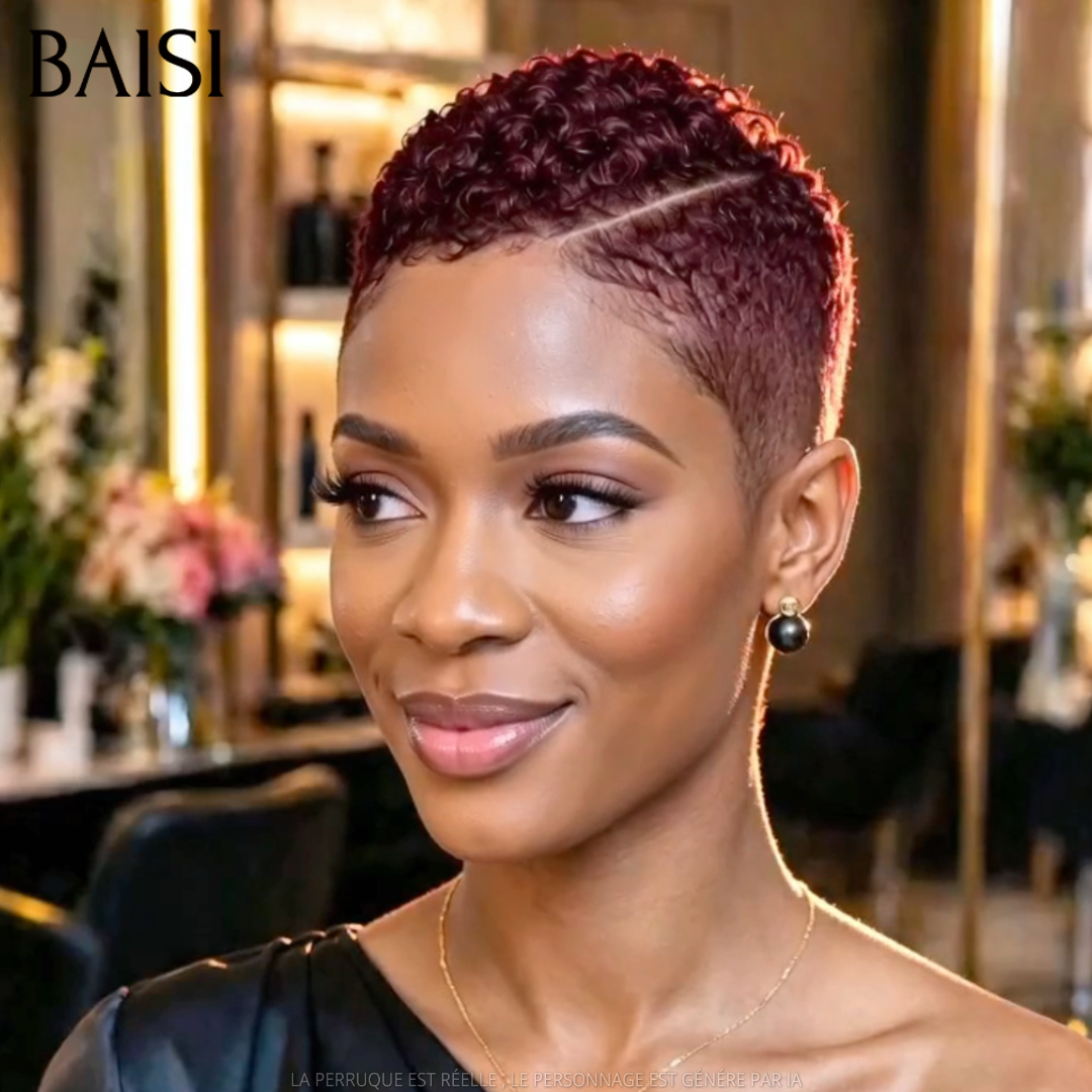 BAISI Full Lace Perruque Pixie Courte Afro Déjà Coiffée Couleur Bordeaux 99J 135€ Respirante et Super Chic en 100% Cheveux humains