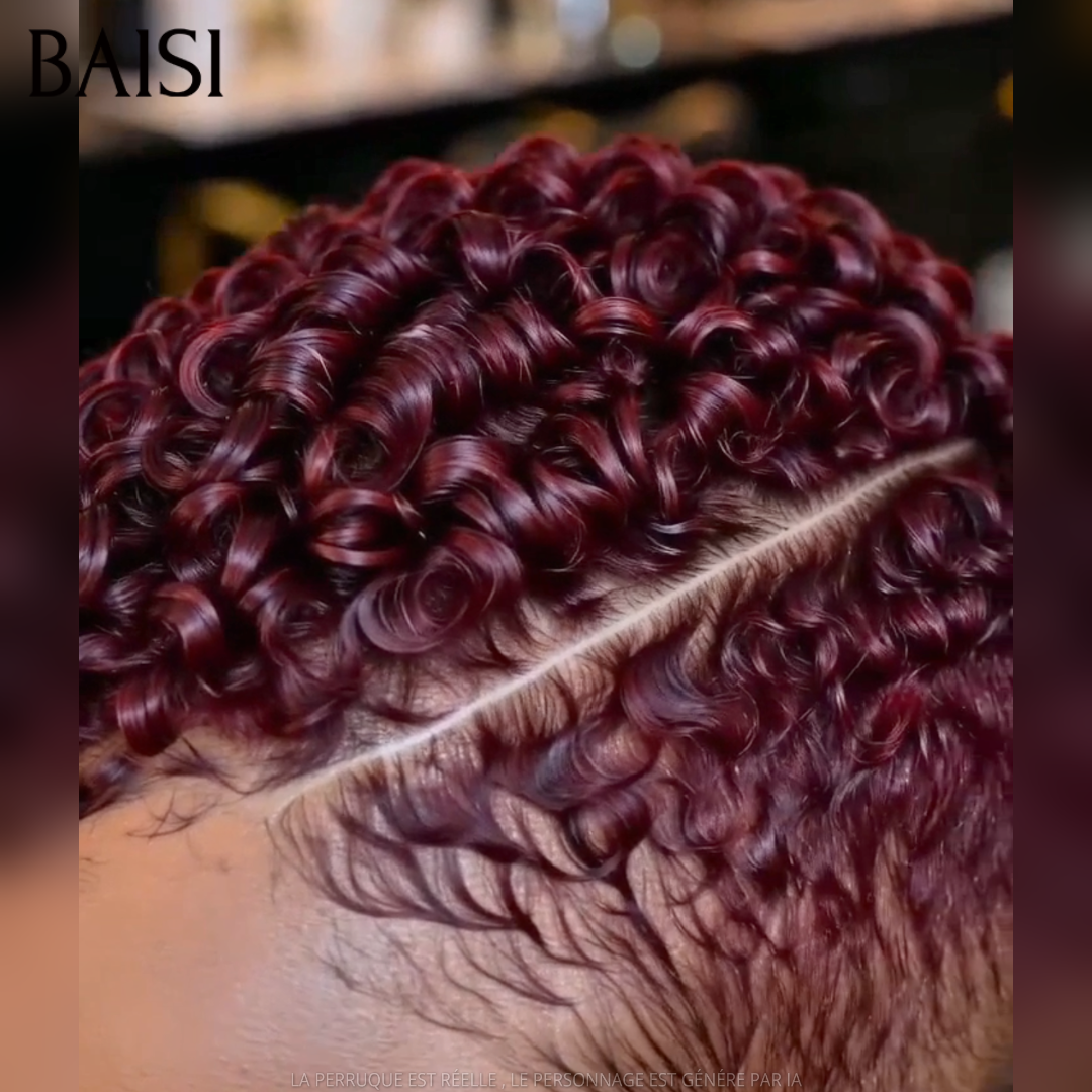 BAISI Full Lace Perruque Pixie Courte Afro Déjà Coiffée Couleur Bordeaux 99J 135€ Respirante et Super Chic en 100% Cheveux humains