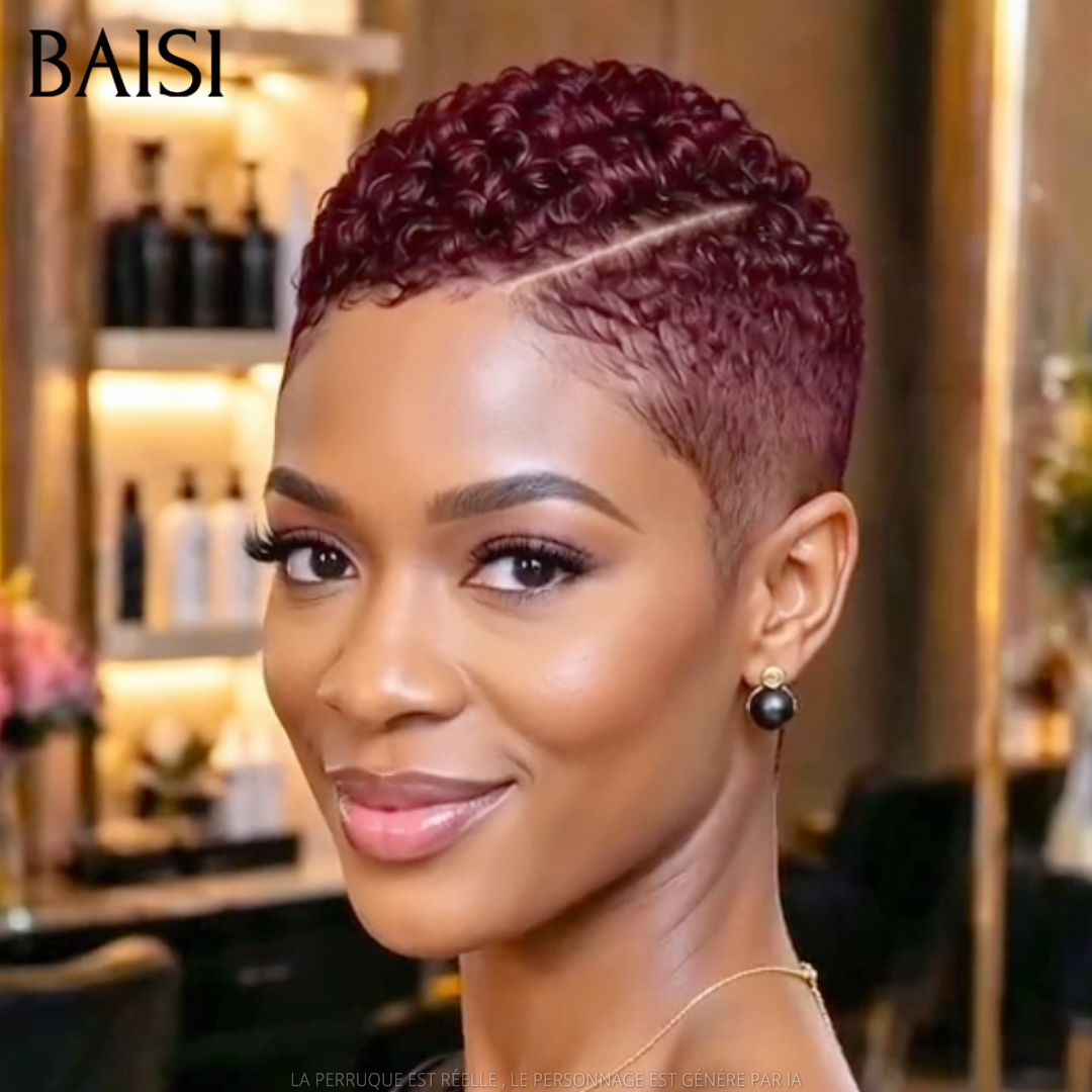 BAISI Full Lace Perruque Pixie Courte Afro Déjà Coiffée Couleur Bordeaux 99J 135€ Respirante et Super Chic en 100% Cheveux humains