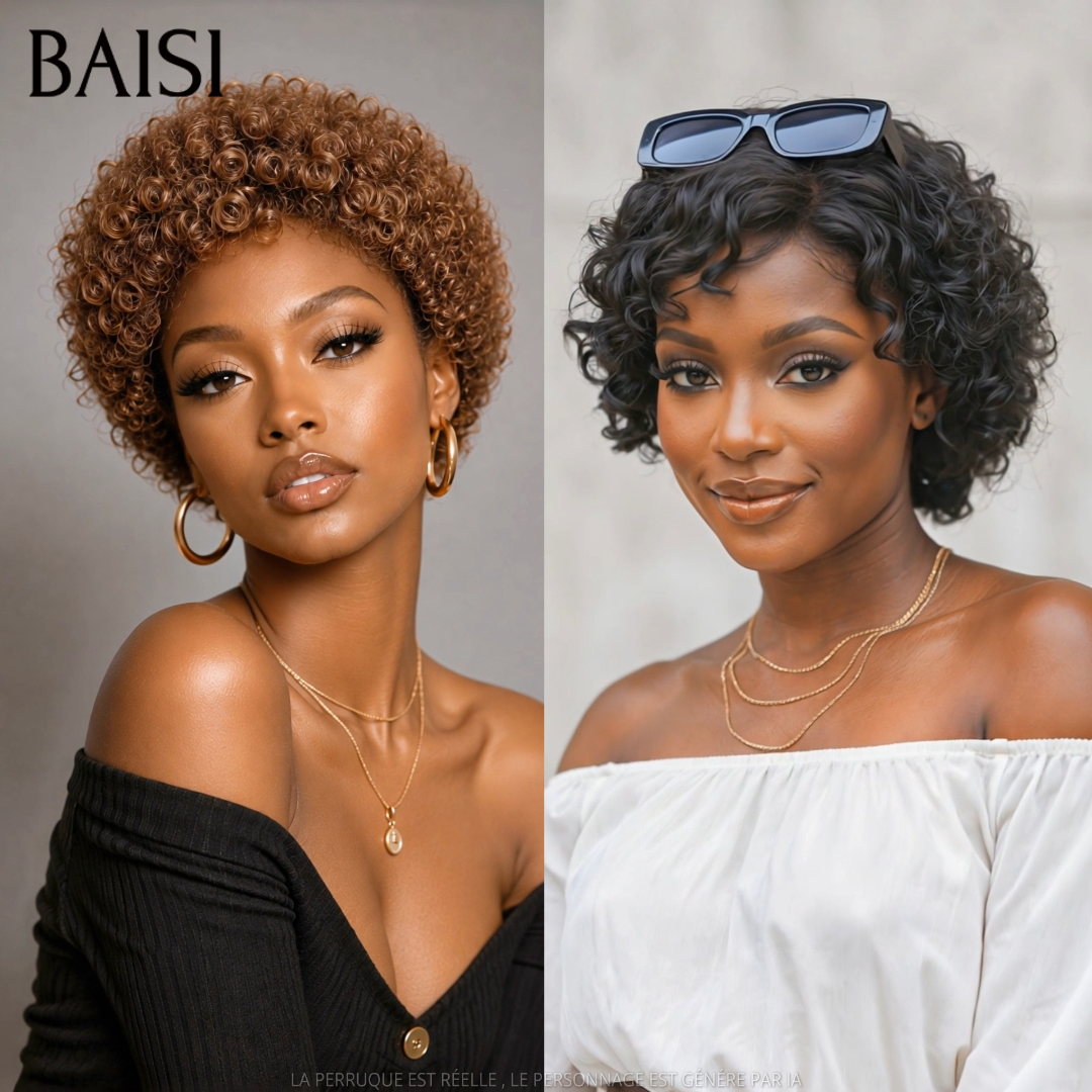 BAISI Lot de 2 Perruques Pixie Bouclée Marron et Noir 89€ Sans Colle Sans Lace Ultra Légère en 100% Cheveux humains