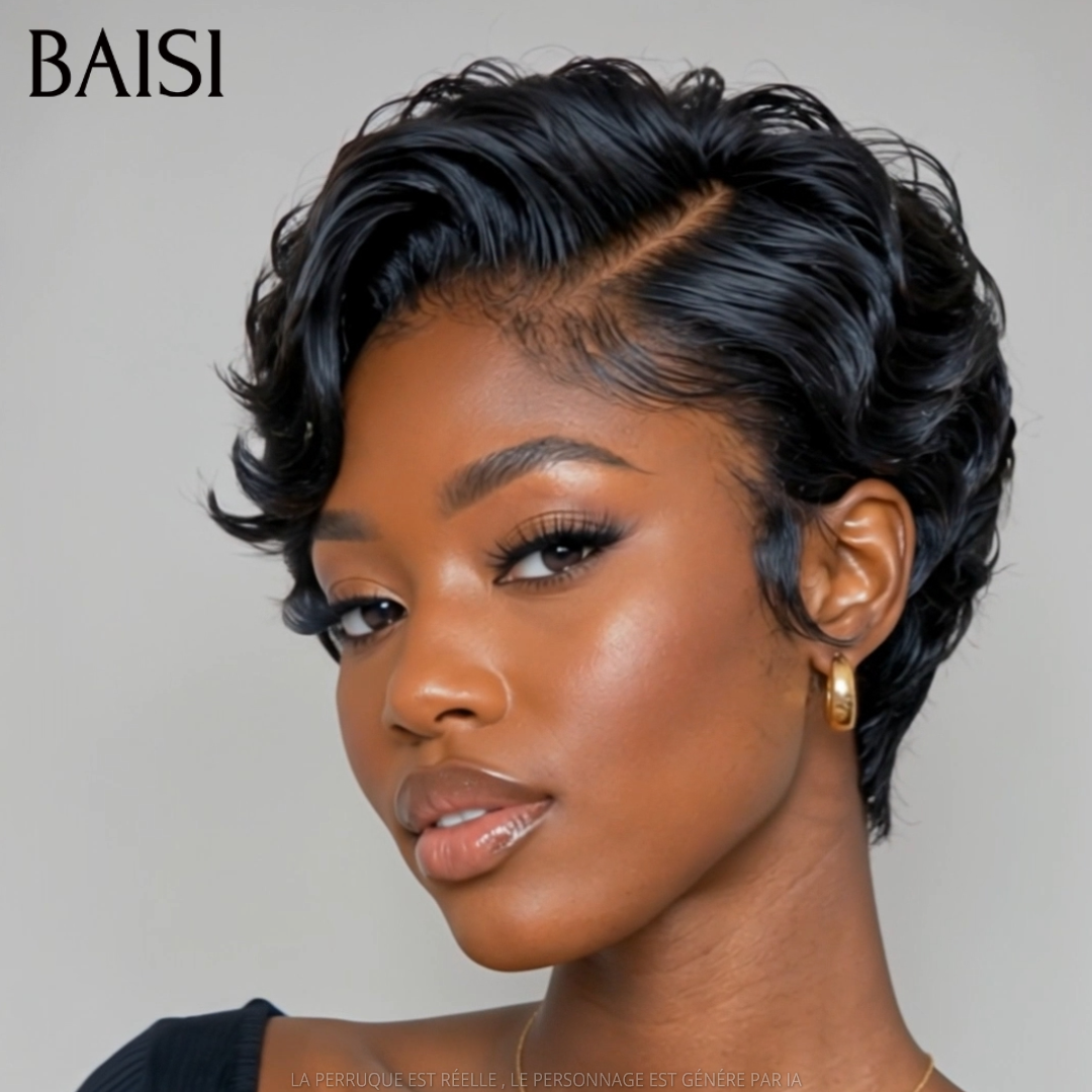 BAISI 13x4 Frontal Perruque pixie Lisse En Noir 68€ en France En 100% Vrais Cheveux Humains