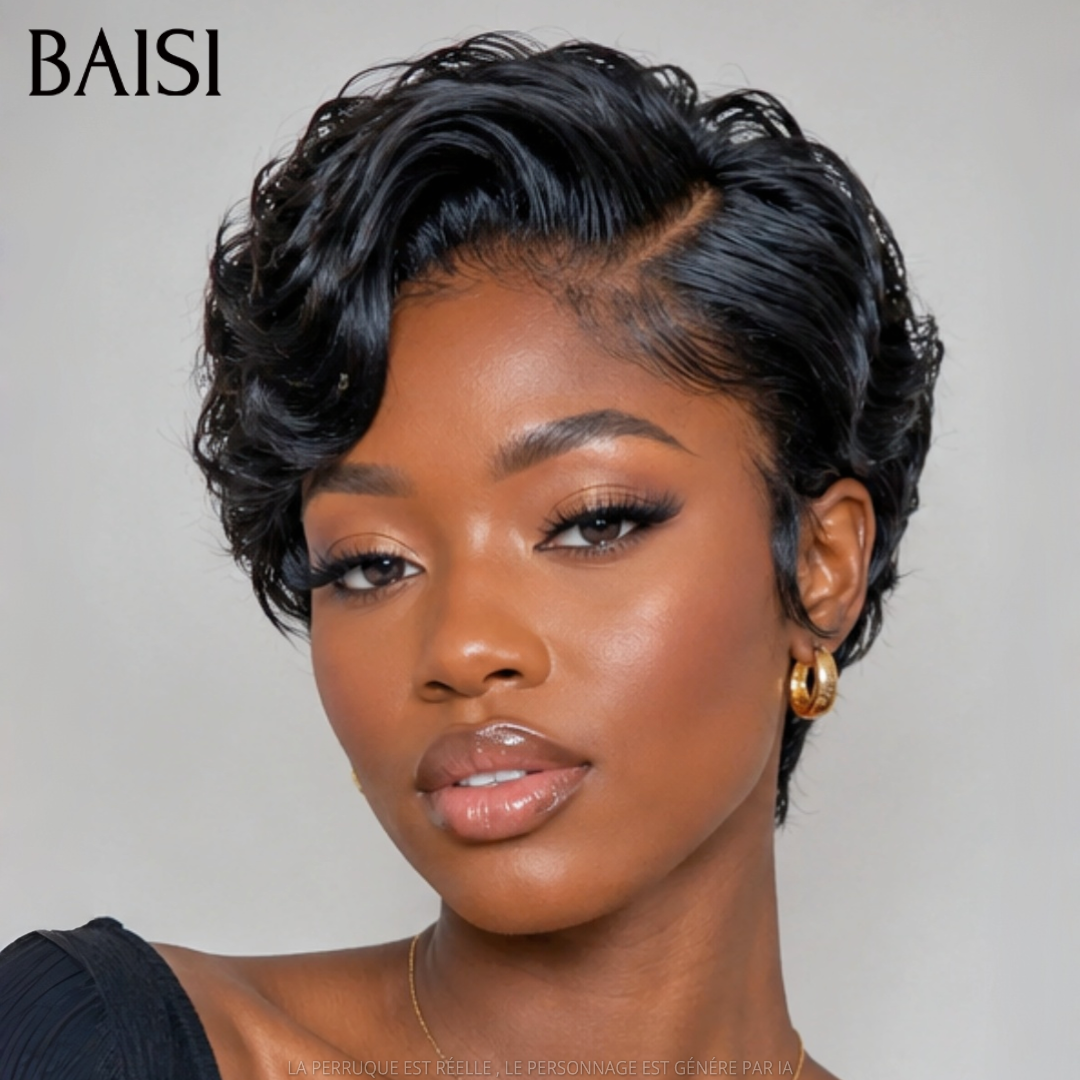 BAISI 13x4 Frontal Perruque pixie Lisse En Noir 68€ en France En 100% Vrais Cheveux Humains