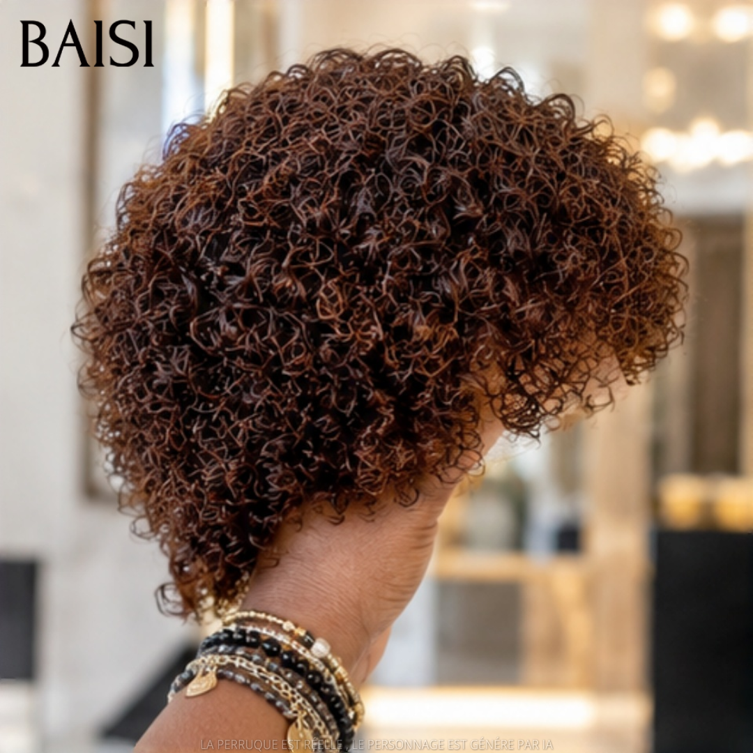 BAISI Perruque Pixie Boucle Wave Marron 4# 65€ Sans Colle Sans Lace Choix Idéal Pour Sois ou Pour Offrir en Cadeaux en 100% Cheveux humains
