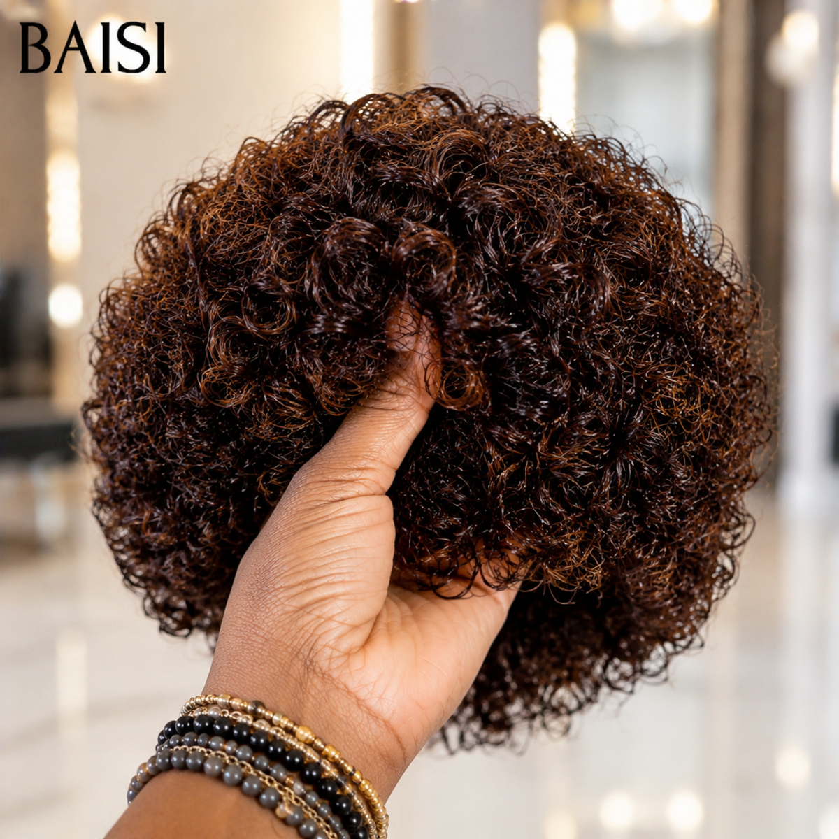 BAISI Perruque Pixie Boucle Wave Marron 4# 65€ Sans Colle Sans Lace Choix Idéal Pour Sois ou Pour Offrir en Cadeaux en 100% Cheveux humains