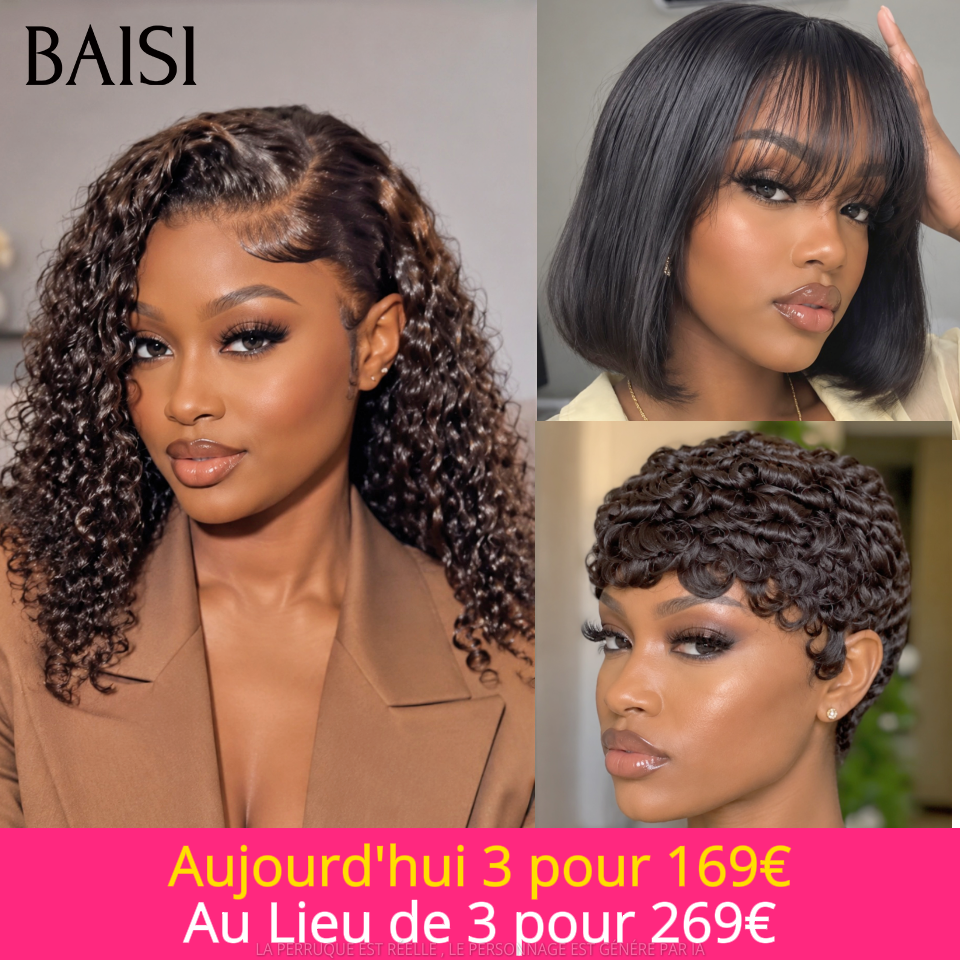 BAISI promotion 3 perruques 169€ au lieu de 269€ Trois différentes modèles, Différentes Couleurs en 100% Cheveux Humains