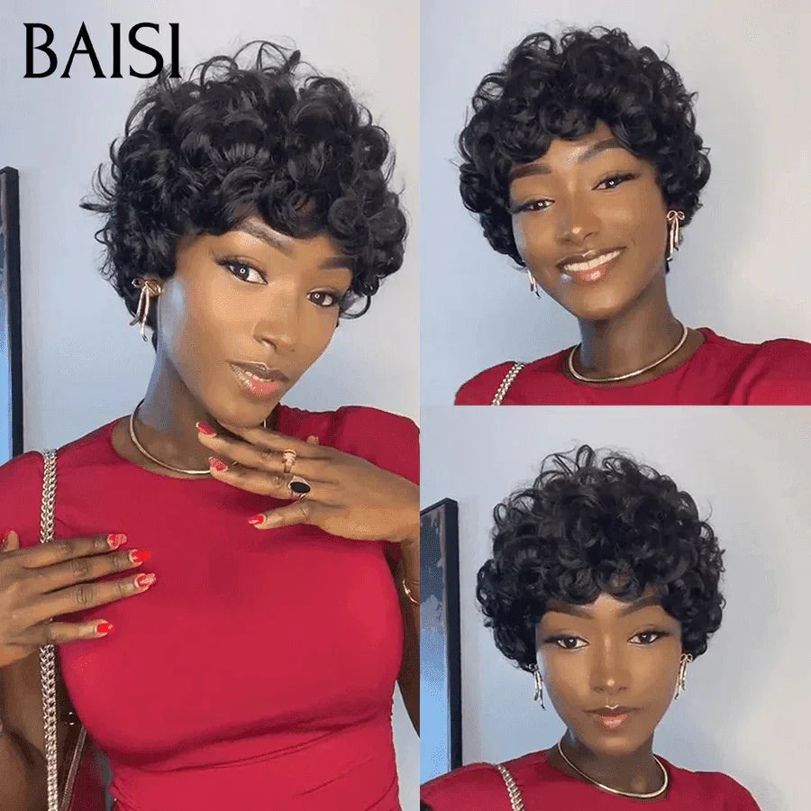 BAISI 13X4 Lace Frontale Pixie Coiffure à la Mode Marron 4# 68€ et Perruque Pixie Finger Wave petite coupe fabriqué à la machine 49€ En 100% Cheveux Humains FR20