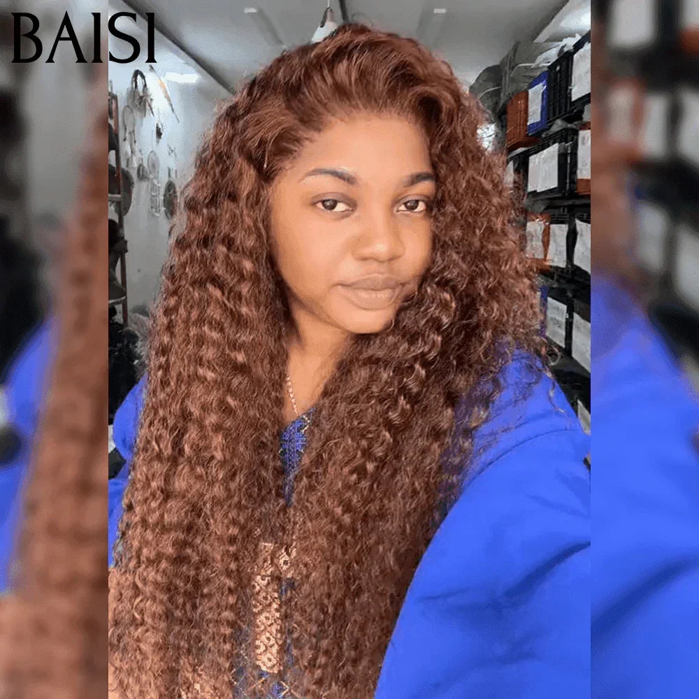 BAISI 13x4 Lace Frontal Onda Profunda Peruca na cor marrom 33 #20 polegadas em cabelo 100% humano