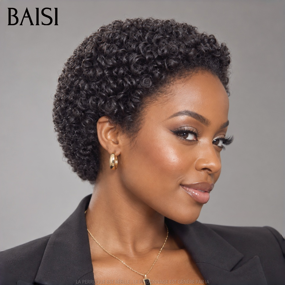 BAISI Perruque Courte Pixie Curly Couleur Noir 1B# 59€ Sans Colle Sans Lace 100% Authentique en 100% Cheveux humains