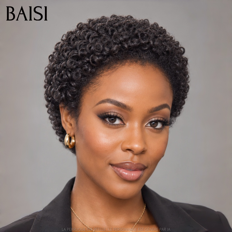BAISI Perruque Courte Pixie Curly Couleur Noir 1B# 59€ Sans Colle Sans Lace 100% Authentique en 100% Cheveux humains
