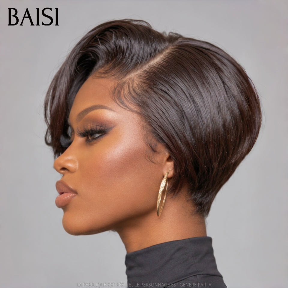 BAISI 2 Piéces 100€ pixie 13x4 Lace Frontale Perruque lisse petite coupe Facile à porter NOIR et Mixte Miel En 100% Cheveux Humains