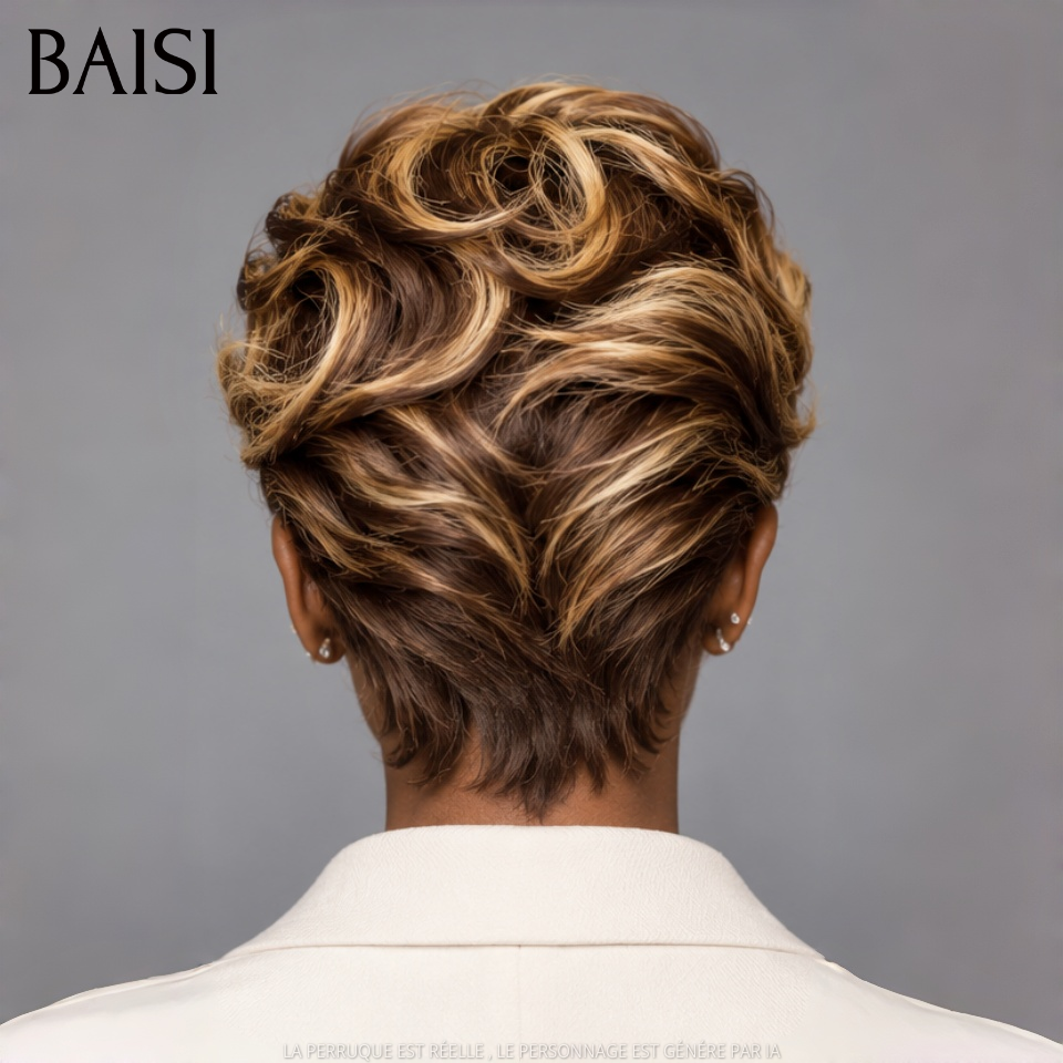 BAISI 2 Piéces 100€ pixie 13x4 Lace Frontale Perruque lisse petite coupe Facile à porter NOIR et Mixte Miel En 100% Cheveux Humains
