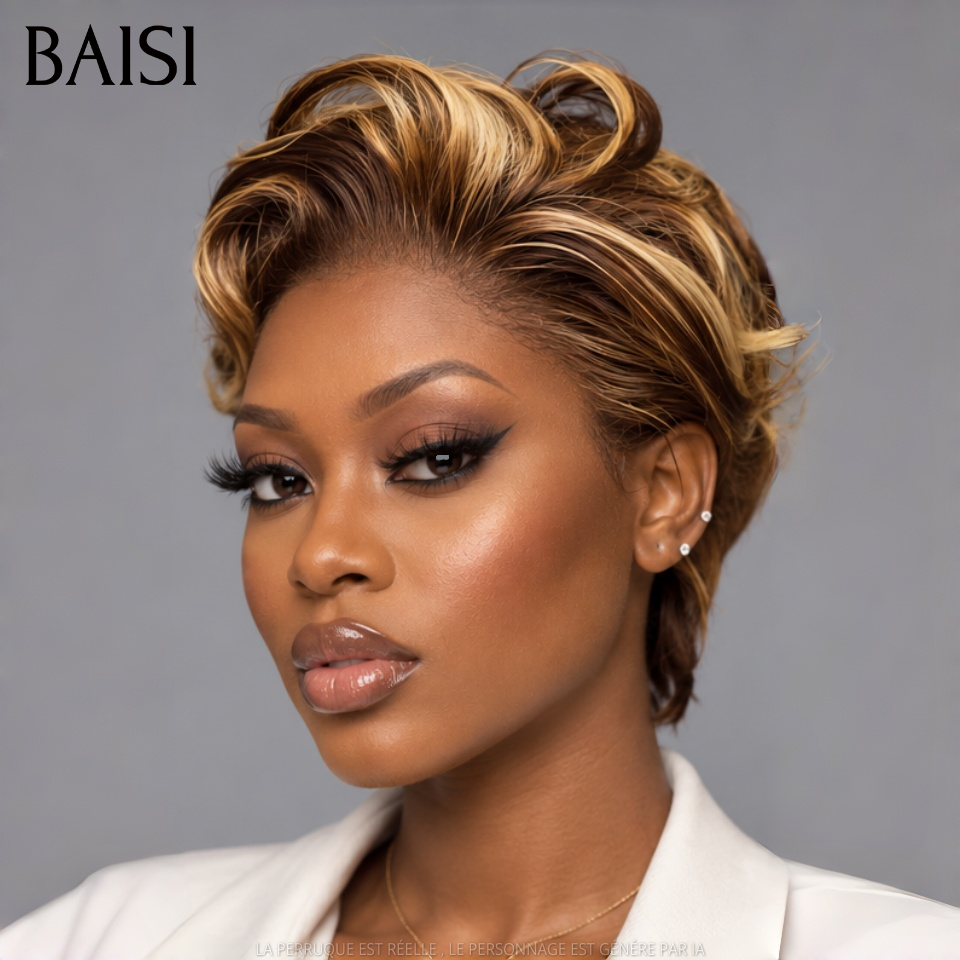 BAISI 2 Piéces 100€ pixie 13x4 Lace Frontale Perruque lisse petite coupe Facile à porter NOIR et Mixte Miel En 100% Cheveux Humains
