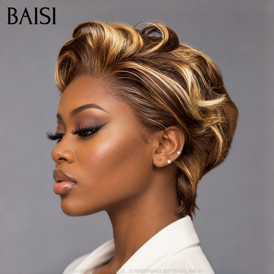 BAISI 2 Piéces 100€ pixie 13x4 Lace Frontale Perruque lisse petite coupe Facile à porter NOIR et Mixte Miel En 100% Cheveux Humains