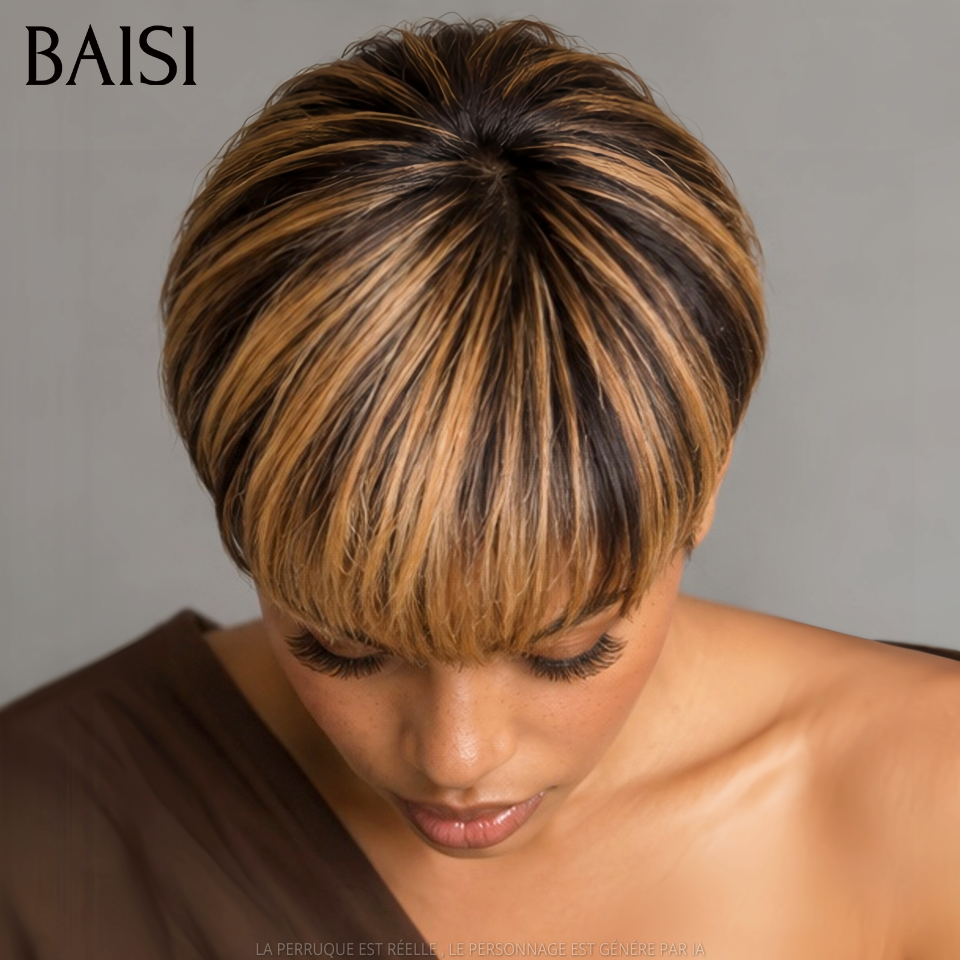 BAISI Perruque pixie lisse sans lace Fabriqué à la Machine Promotion 45€ en couleur mixte en 100% Cheveux Humains