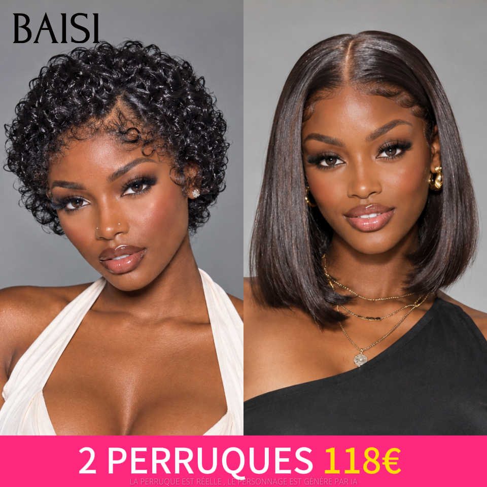 BAISI 13x4 Lace Frontale Lote de 2 Perucas Curtas, 1 Pixie Curly 69€ e 1 Bob Carré Liso 78€ Só Promoção inédita em 100% Cabelo Humano
