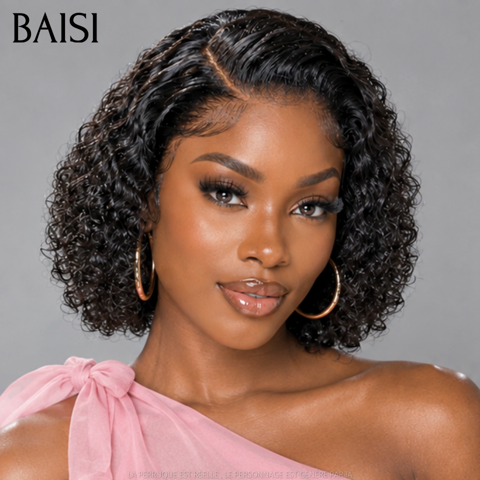 BAISI Peruca bob afro encaracolada com lace frontal 10 polegadas 68€ cor preta em 100% cabelo humano