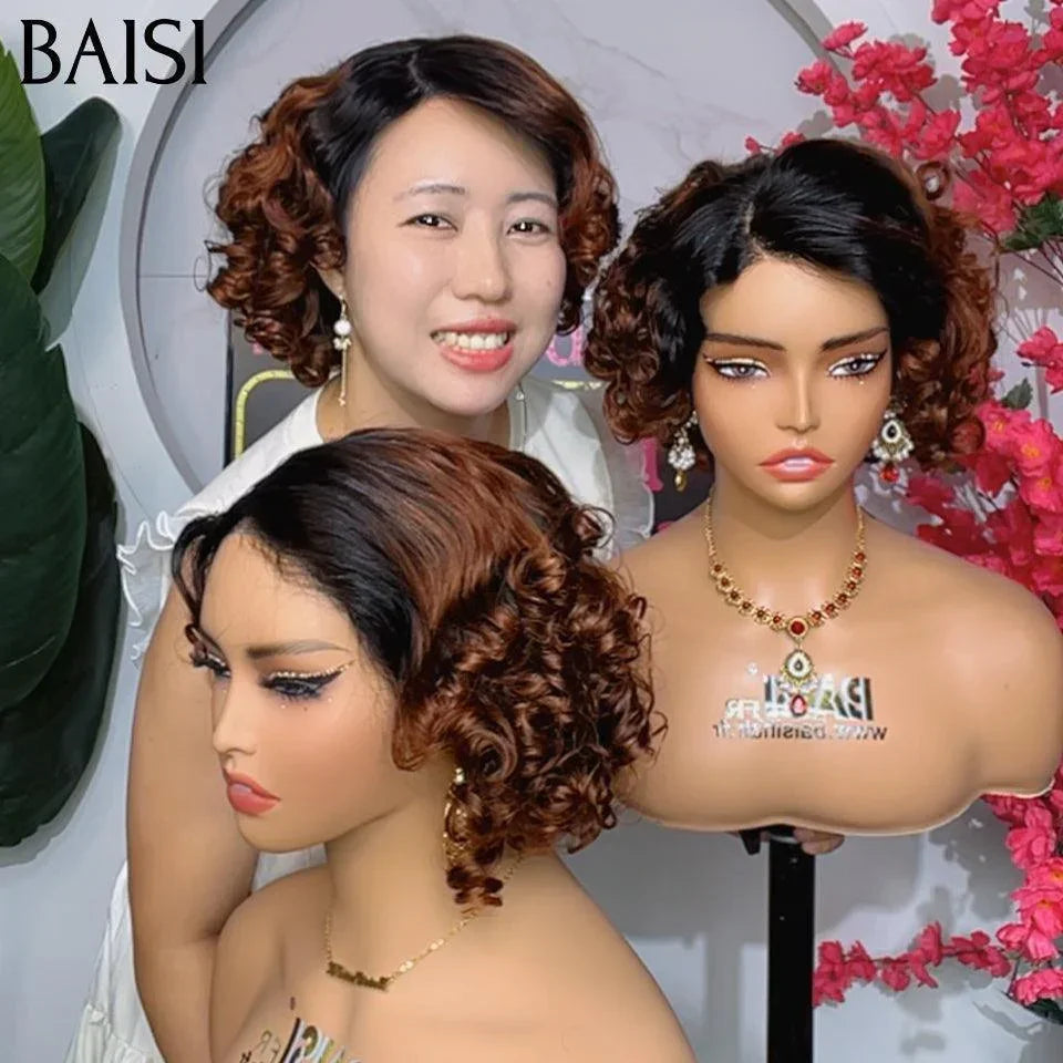 BAISI Perruque Marron 13X4 lace Frontale 10 Pouces 76€ ou 4X4 lace Pixie en Couleur 1B33# EGG wave F-025 en 100% Cheveux Humains