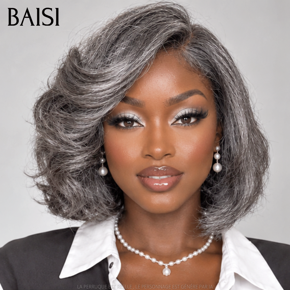 BAISI Collection Poivre et Sel 13X4 Perruque 95€ Bob bouclee Lisse noir mixte gris Pré-plucked Pas Besoin de Colle en 100% Raw Hair Lace déjà couper