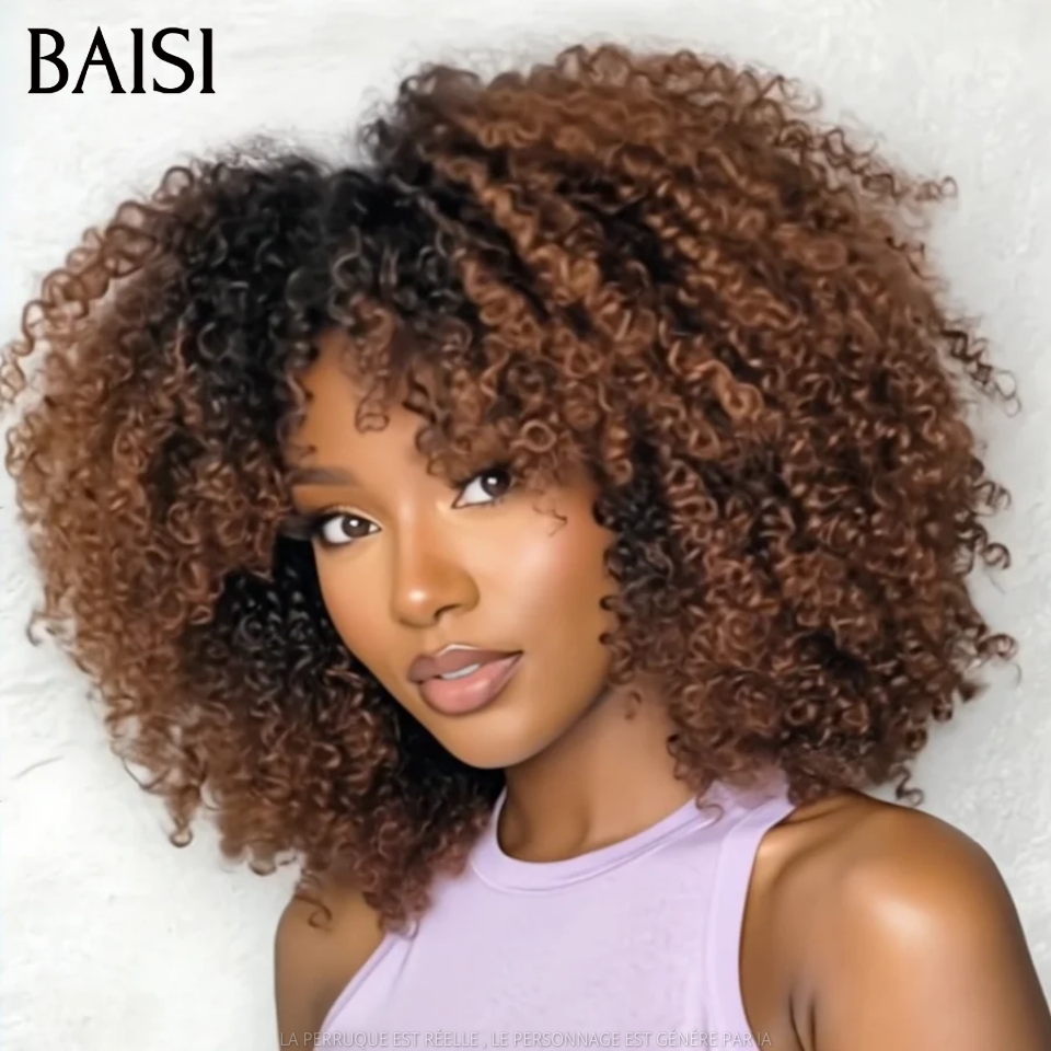 BAISI Perruque 100% identique BOB Prêt-à-porter kinky curly avec Frange 14 Pouces 400% Volume Super ébouriffée couleur Marron 1BT4# sans Colle Aéré sans être chaud en 100% Cheveux Humains