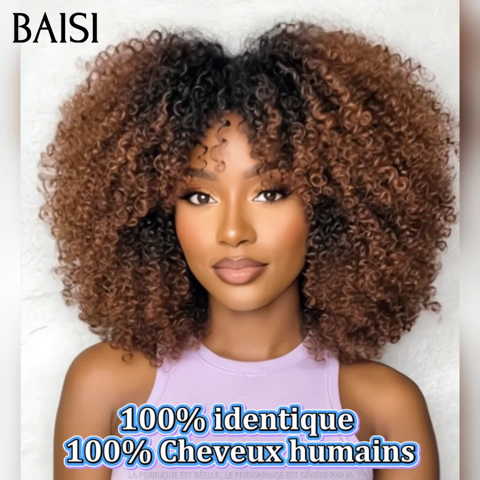 BAISI Perruque 100% identique BOB Prêt-à-porter kinky curly avec Frange 14 Pouces 400% Volume Super ébouriffée couleur Marron 1BT4# sans Colle Aéré sans être chaud en 100% Cheveux Humains