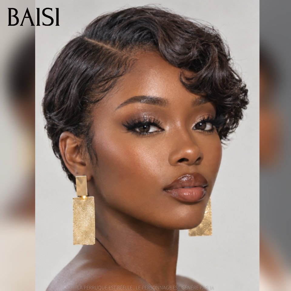 BAISI pour revendre 2 perruques 88€ 13x4 lace pixie Lisse NOIR et sans Colle curly wave Miel en 100% vrais cheveux humains