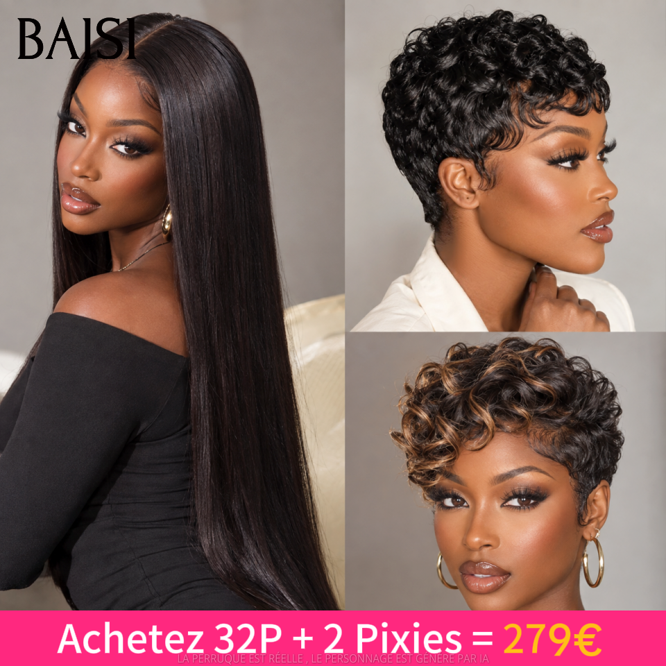 BAISI Achetez 32 pouces + 2 Pixies gratuite =279€ Moitié prix Perruque Longues en 100% Cheveux Humains