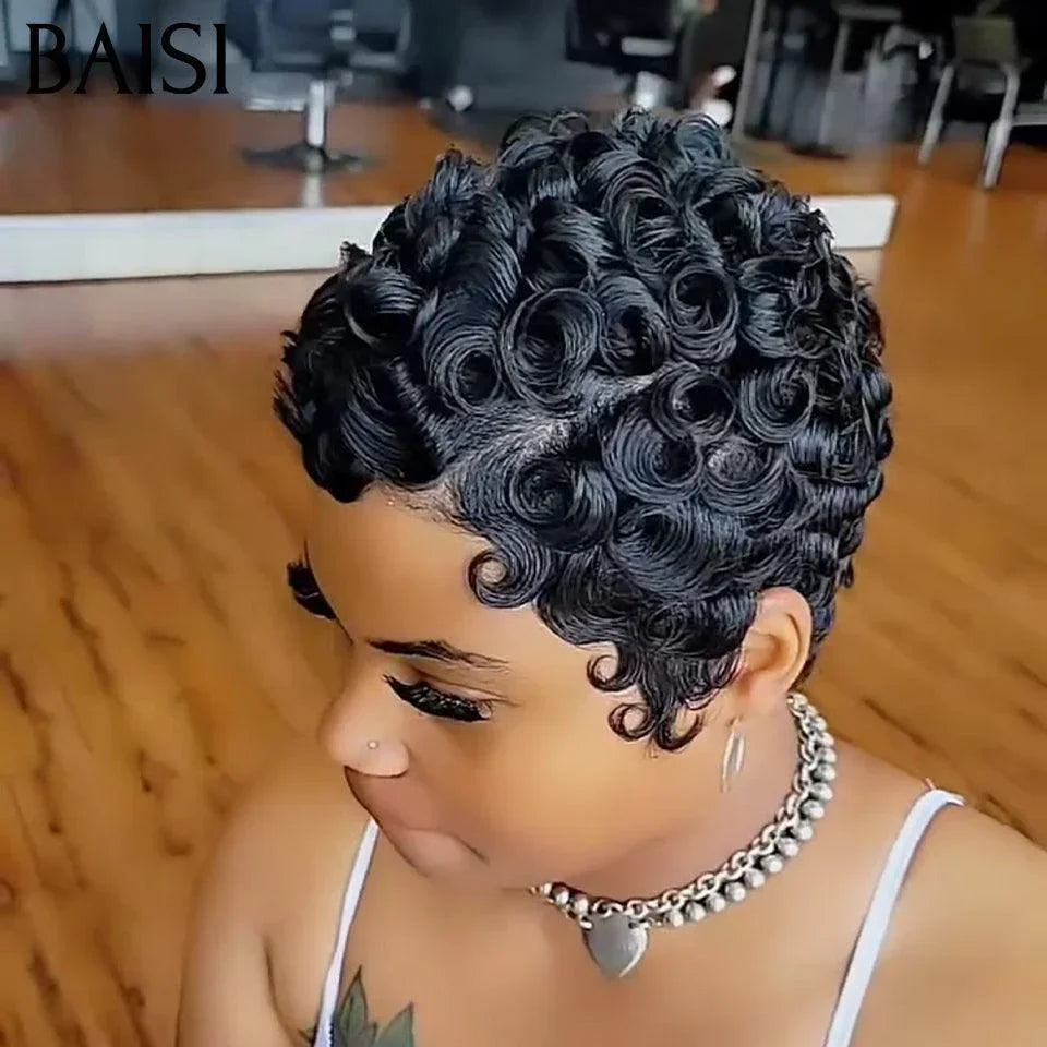 BAISI Offre Flash 38€ Perruque Pixie Finger Wave ou egg wave avec Frange Bob petite coupe fabriqué à la machine En 100% Cheveux Humains