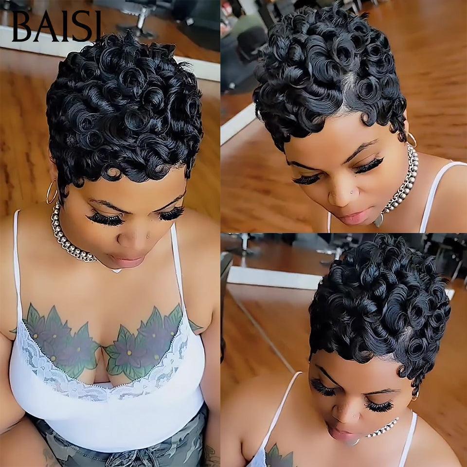 BAISI Offre Flash 38€ Perruque Pixie Finger Wave ou egg wave avec Frange Bob petite coupe fabriqué à la machine En 100% Cheveux Humains