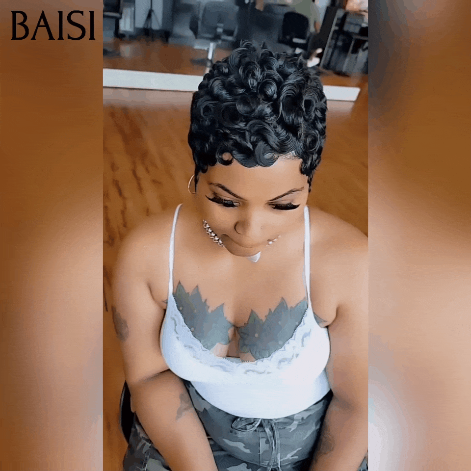 BAISI Offre Flash 38€ Perruque Pixie Finger Wave ou egg wave avec Frange Bob petite coupe fabriqué à la machine En 100% Cheveux Humains