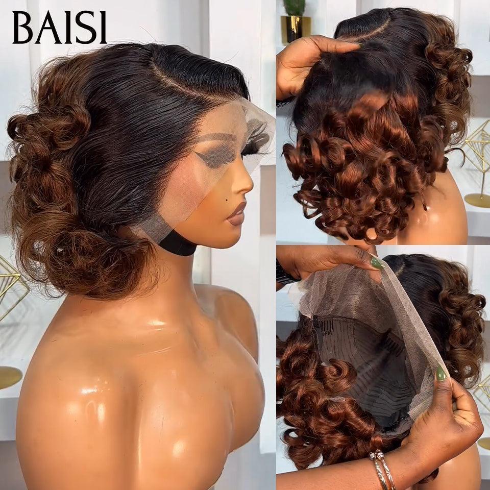 BAISI Perruque 13X4 Pixie Egg Curls Raie sur le côté 1BT4# 86€ en 100% Cheveux Humains