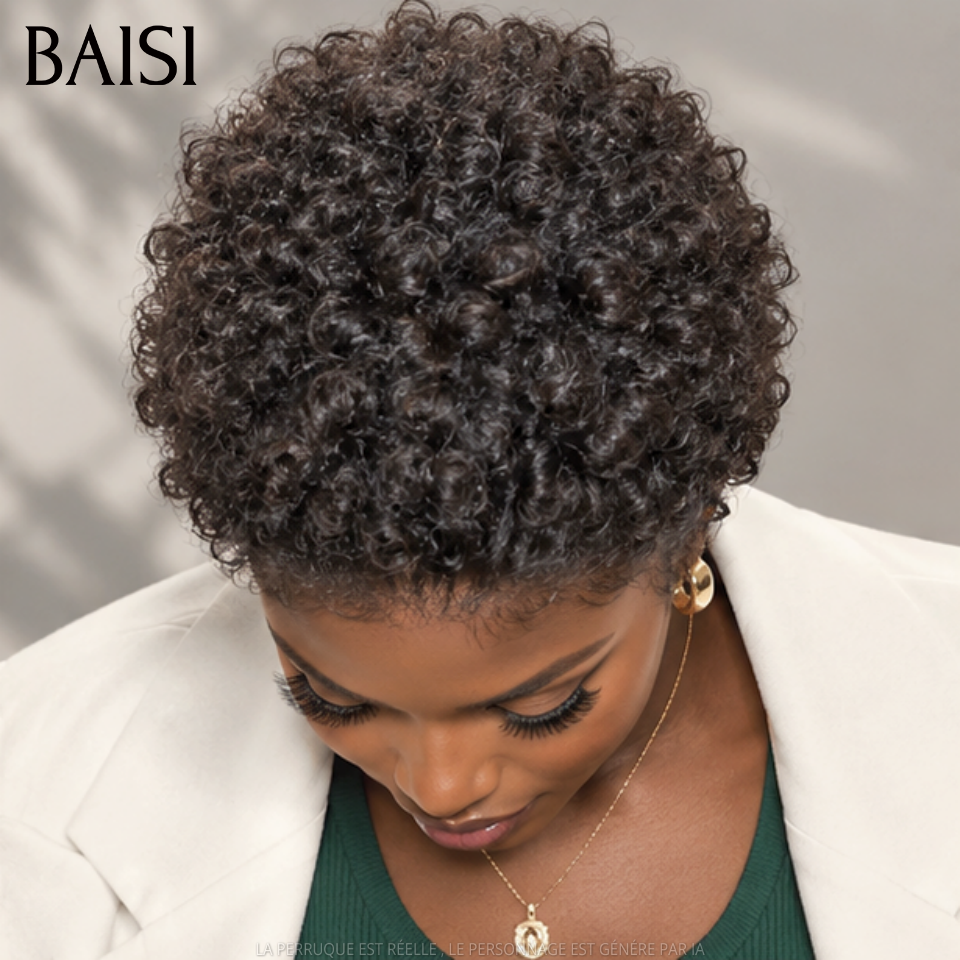 BAISI pixie afro curly noir sans lace fabriqué à la machine 40€ Moitié Prix ou 13x4 lace frontal afro en 100% Cheveux Humains MP50