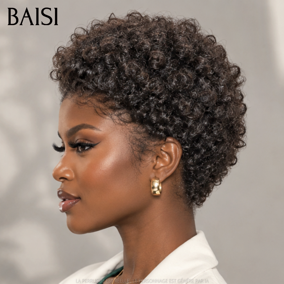 BAISI pixie afro curly noir sans lace fabriqué à la machine 40€ Moitié Prix ou 13x4 lace frontal afro en 100% Cheveux Humains MP50