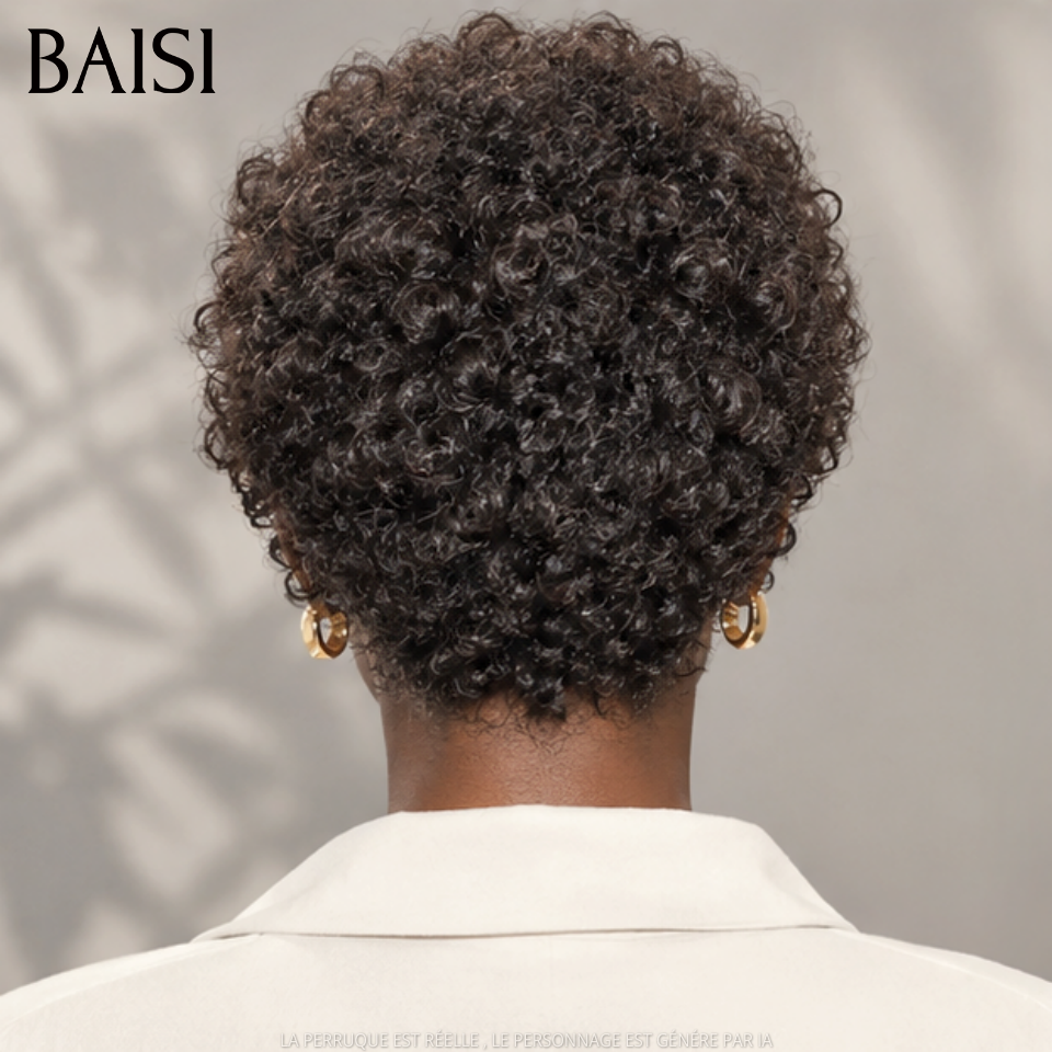 BAISI pixie afro curly noir sans lace fabriqué à la machine 40€ Moitié Prix ou 13x4 lace frontal afro en 100% Cheveux Humains MP50