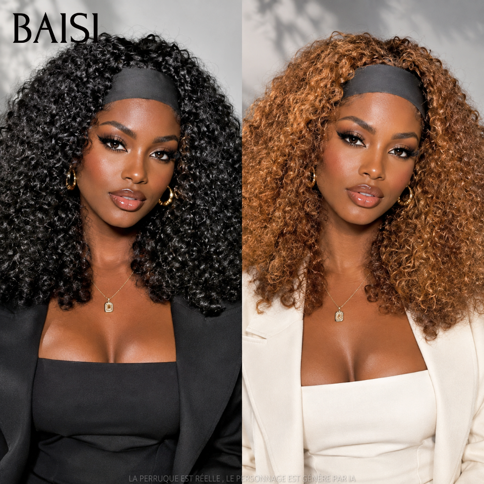 BAISI Perruque bandeau promotion 79€ noir 14 pouce kinky curly wave Fabriquée A La Machine sans Colle en 100% Cheveux Humains