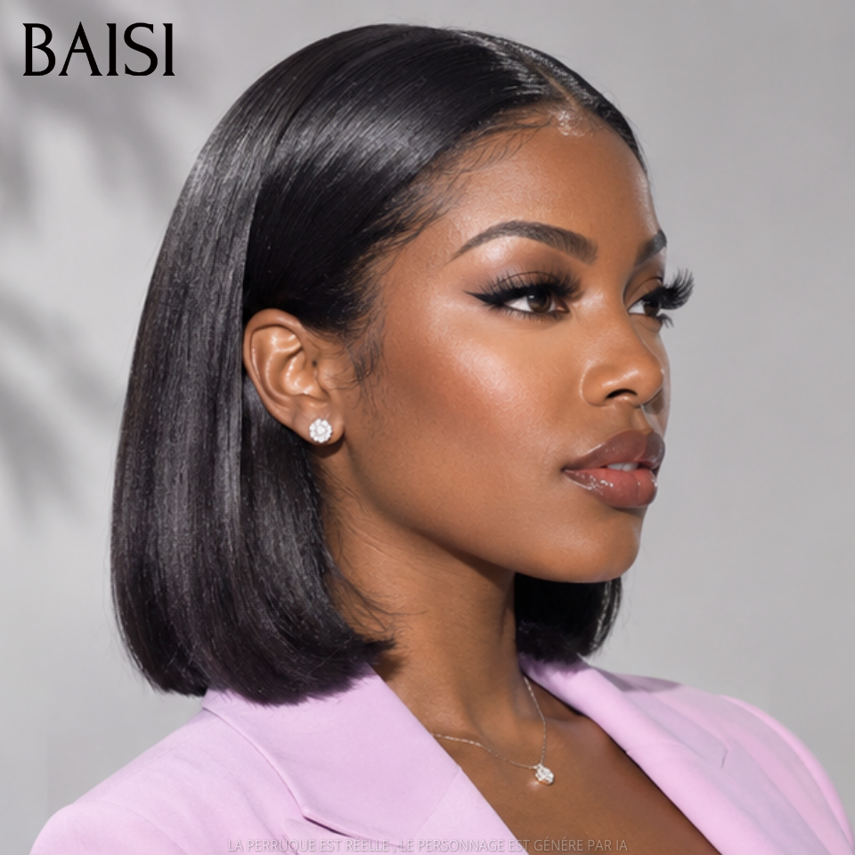 BAISI Perruque Carrée 13X4 Lisse NOIR BOB Pré-plucked Pas Besoin de Colle en 100% Raw Hair Lace déjà couper
