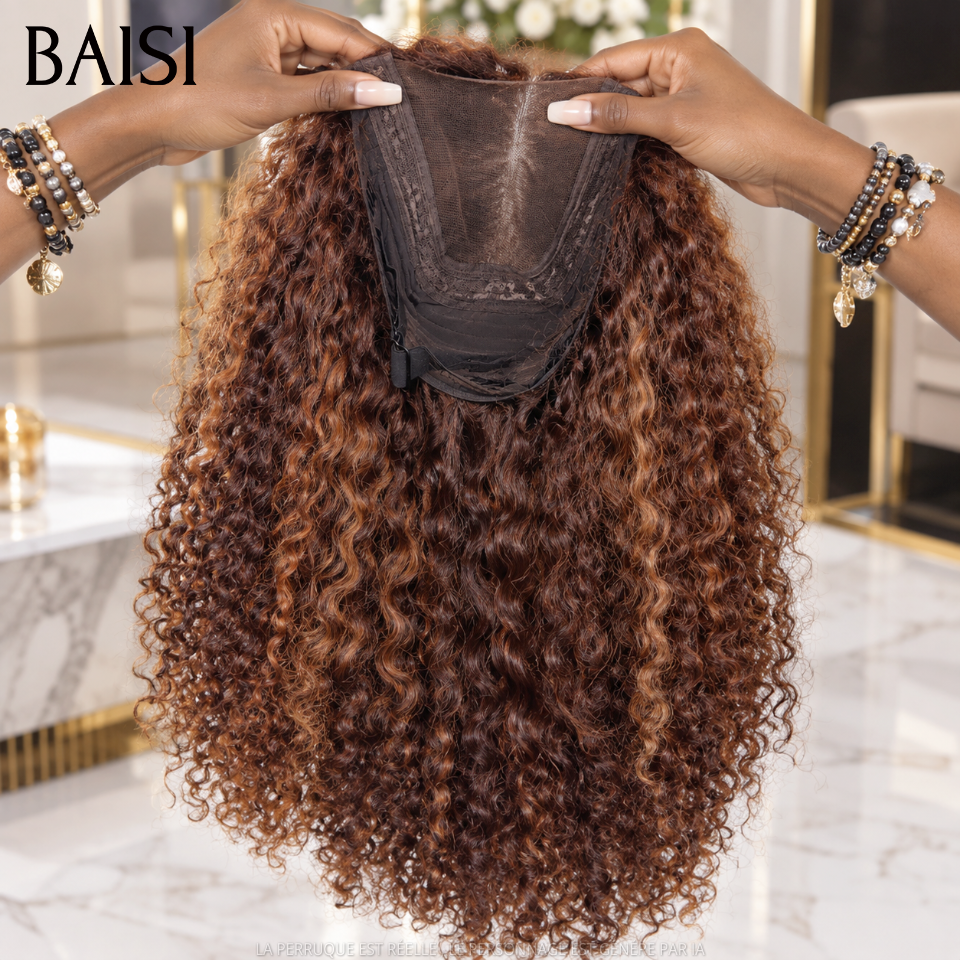 BAISI Closure Lace Perruque Curly Couleur Mixte Miel 4/27# Disponible en 20Pouces A partir de 146€ Très Bonne Qualité en 100% Cheveux humains