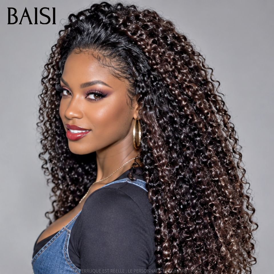 BAISI perruque Upgrade Invisible Strap 360 lace curly wave en couleur NOIR Mixte Marron 360 invisible Pas Besoin de Colle 250% densité Respirant et confortable en 100% Raw Hair Lace déjà couper