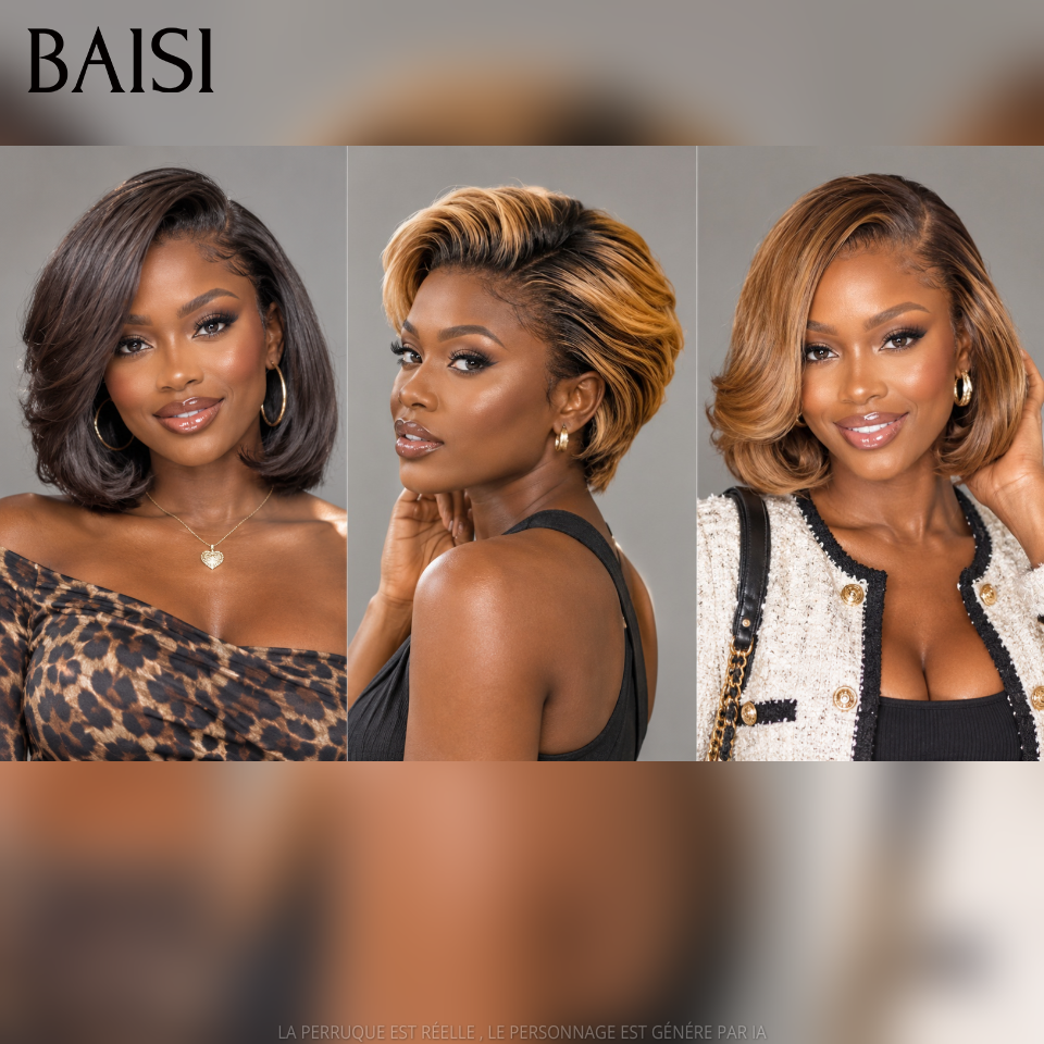 BAISI promo Prix d'usine perruques 3 Courtes 150€ ( Noir + Marron + Mixte 8P ) cheveux humains ou 10 perruques 150€ (3 pièces 32 pouce + 1 pièce 20 pouce + 4 pièces 12 pouce + 2 pièces 10 pouce ) cheveux naturels en soldes blended hair sans retour