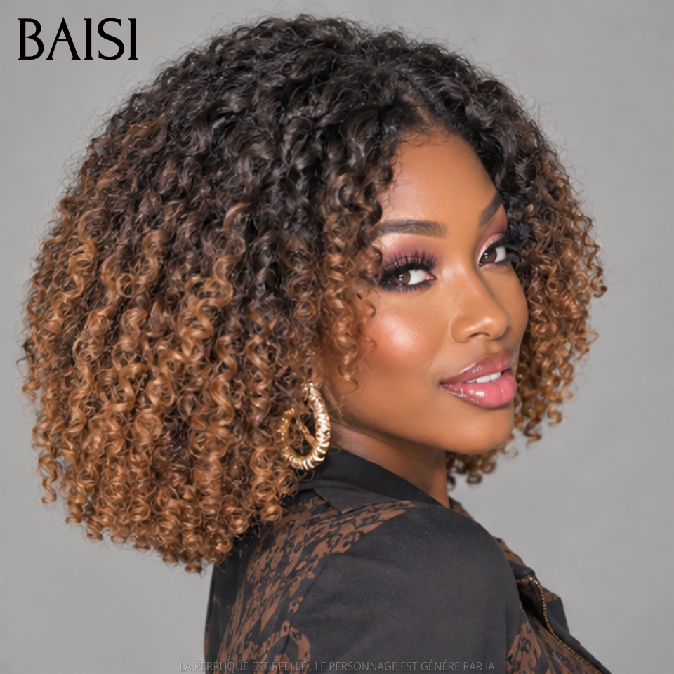 BAISI Perruque BOB Prêt-à-porter kinky curly avec Frange 14 Pouces 400% Volume couleur Marron 1BT4# sans Colle en 100%Vietnam Hair