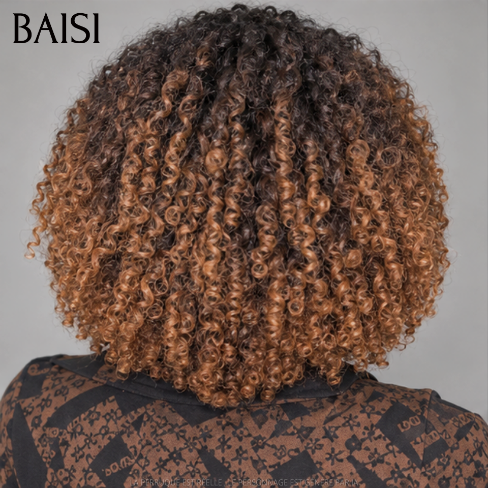 BAISI Perruque BOB Prêt-à-porter kinky curly avec Frange 14 Pouces 400% Volume couleur Marron 1BT4# sans Colle en 100%Vietnam Hair