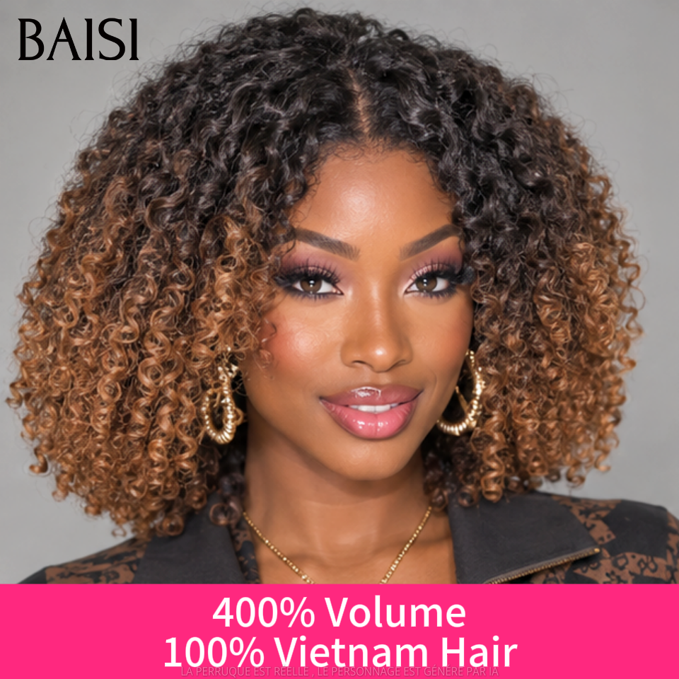 BAISI Perruque BOB Prêt-à-porter kinky curly avec Frange 14 Pouces 400% Volume couleur Marron 1BT4# sans Colle en 100%Vietnam Hair