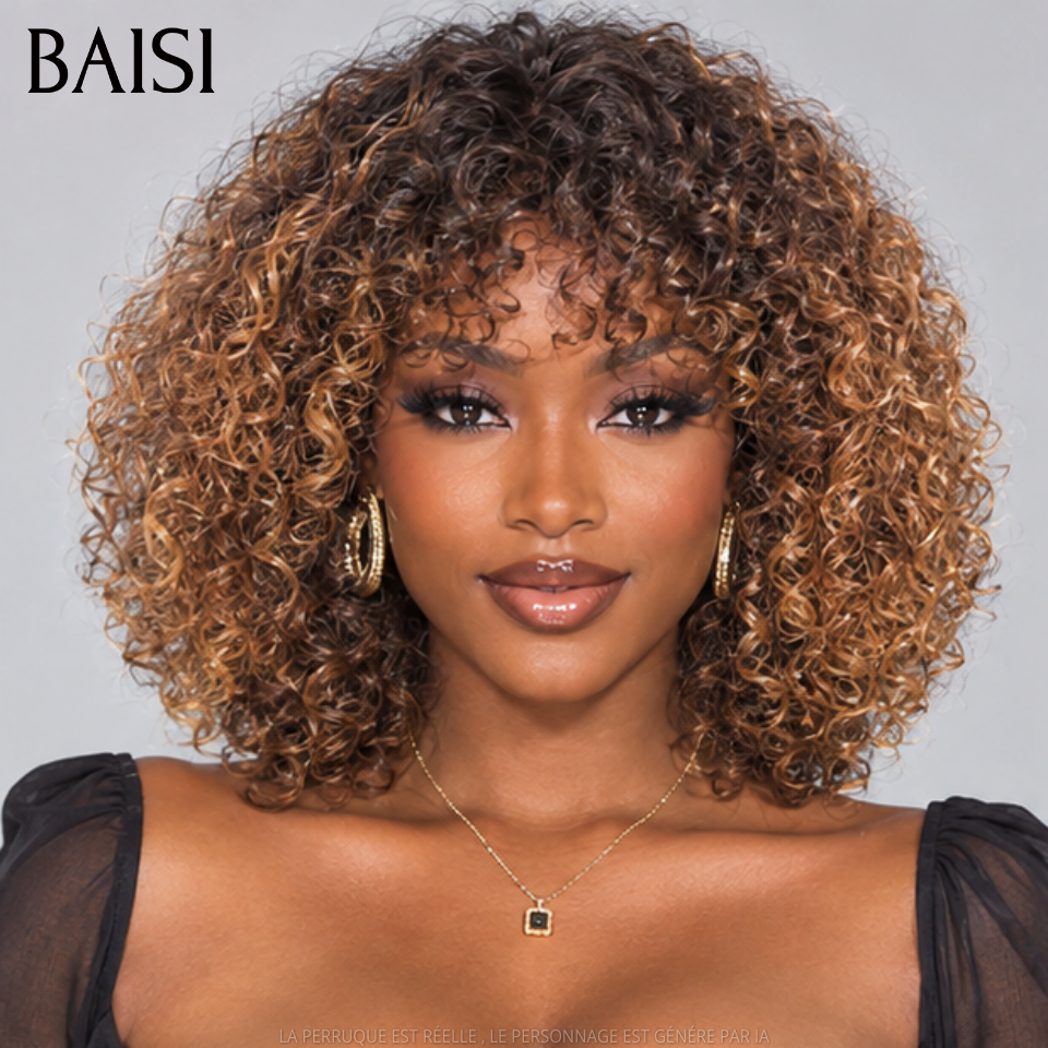BAISI Perruque curly avec Frange 12 Pouces 89€ couleur mixte Marron sans Colle en 100% Cheveux Humain Hair