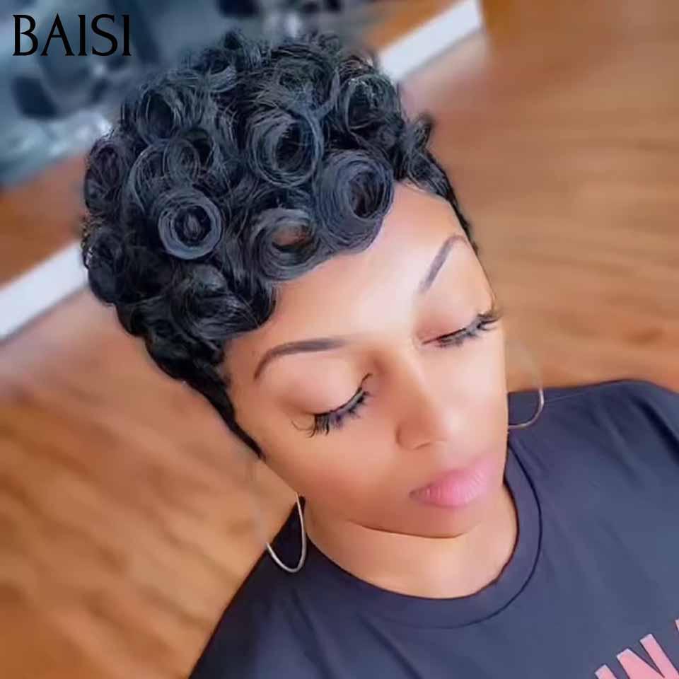 BAISI Offre Flash NOIR 38€ Perruque Pixie Finger Wave petite coupe fabriqué à la machine En 100% Cheveux Humains B
